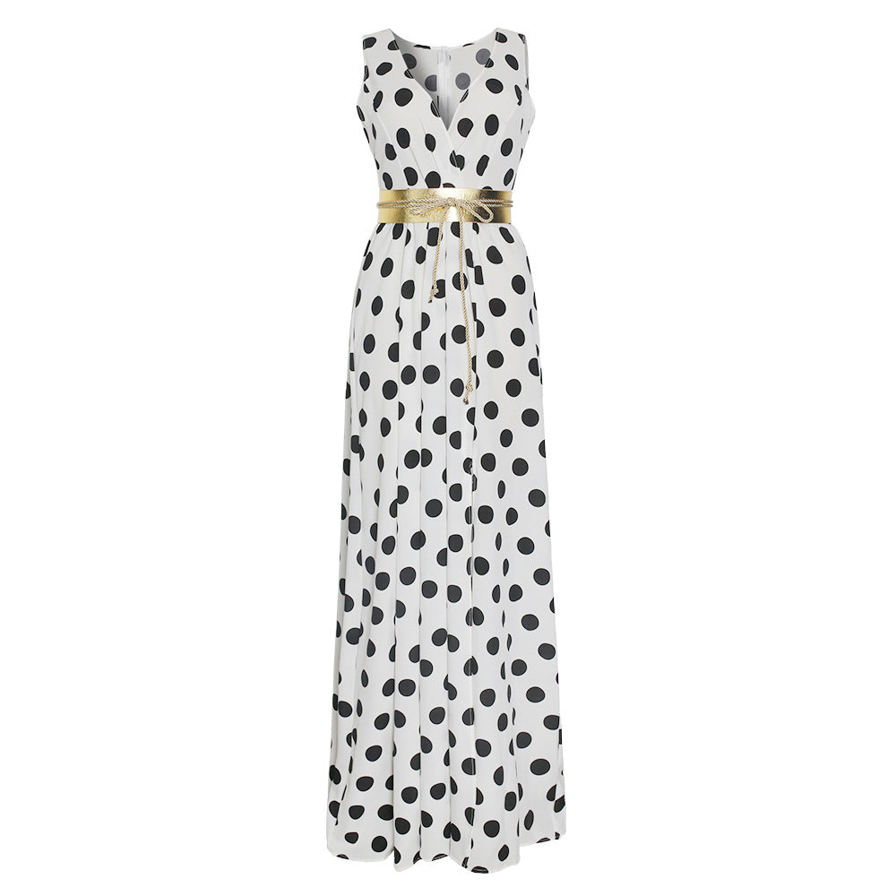 new cross-border women's apparel: -ready sleeveless printed polka dot sexy slit dress with belt