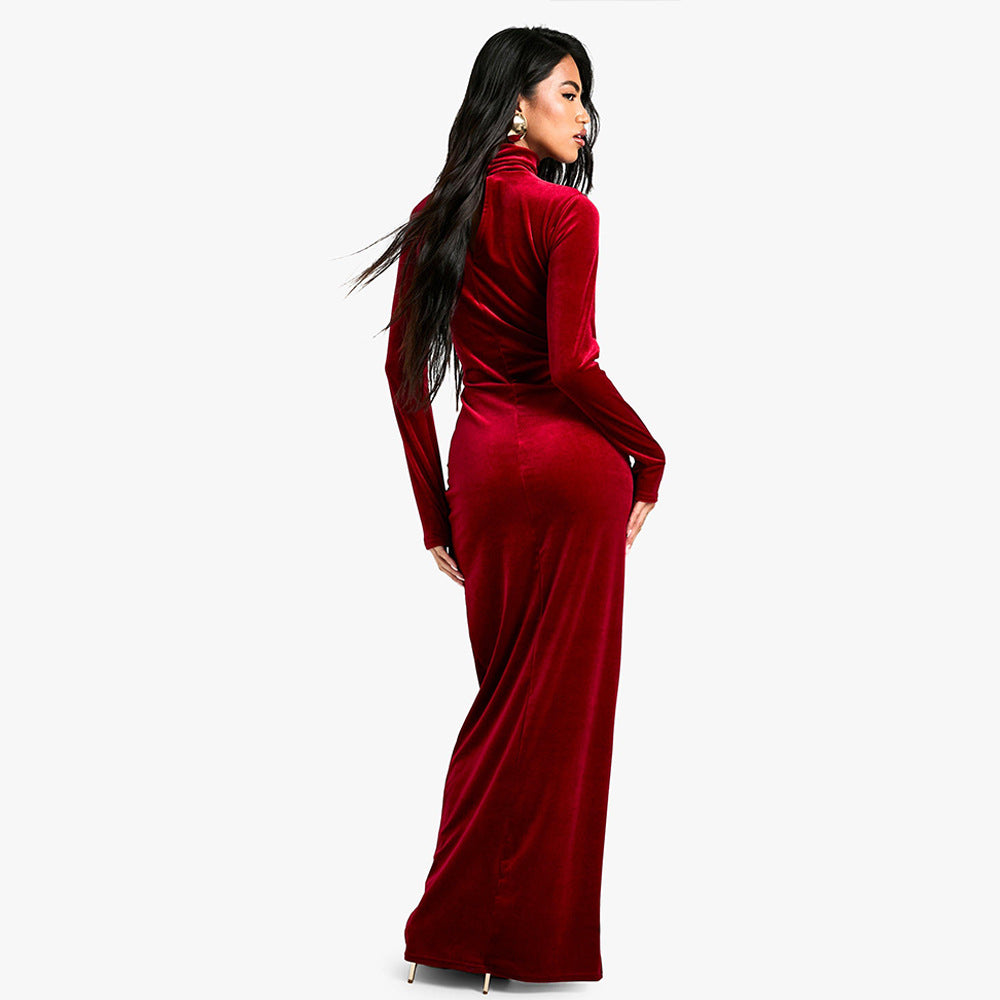 European and American  autumn and winter sexy women's dress, semi-turtleneck long-sleeved solid color long dress with straps and pleated dress