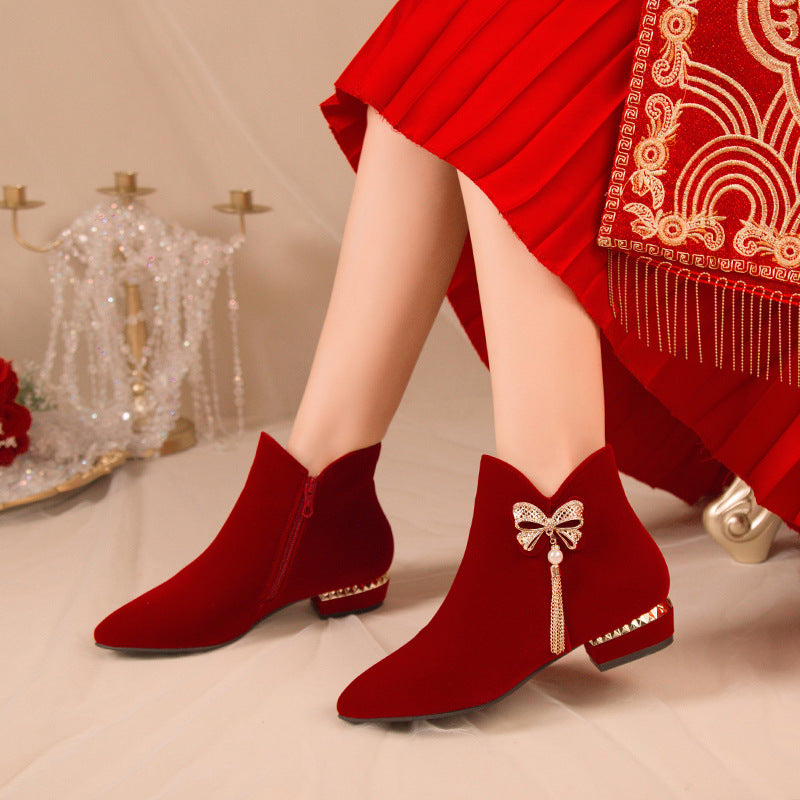 Winter wedding shoes women's thick heel plus size red short boots fleece-lined bridal shoes xiuhe red shoes toast high heels winter