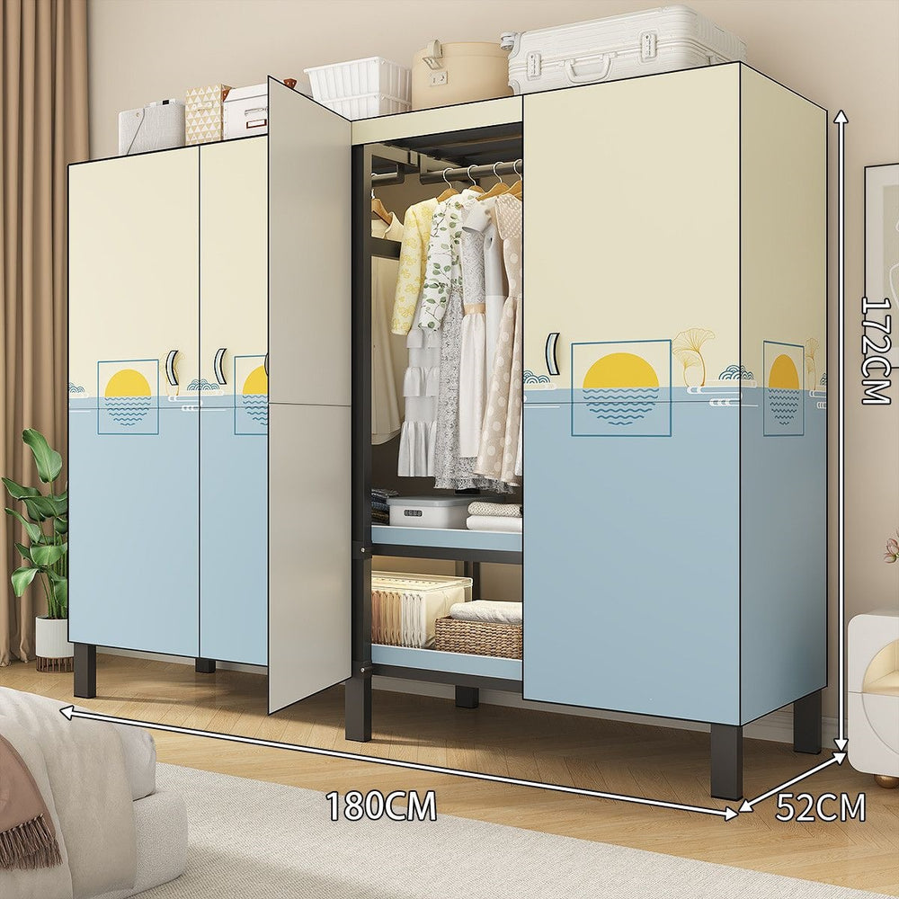 Easy-to-assemble, foldable wardrobe for bedrooms, ideal for home use or rental properties. dustproof, moisture-proof, with reinforced construction, fully sealed, and mildew-resistant. features a convenient swing-out door