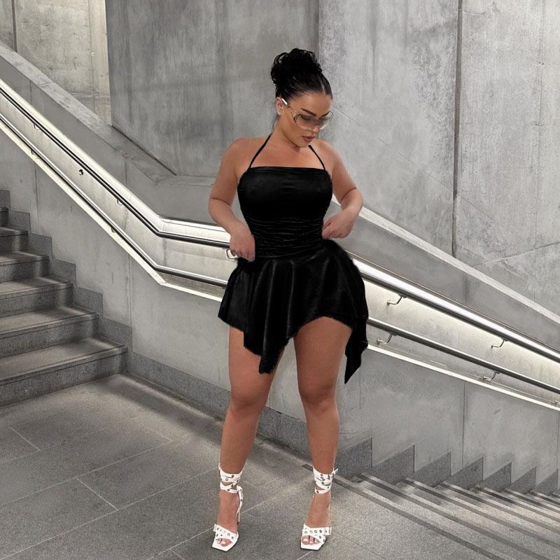 cross-border e-commerce european and american women's solid color halter neck ruched irregular short dress