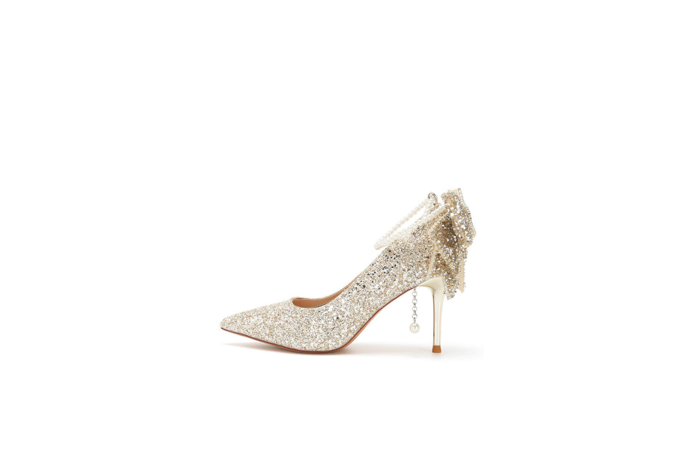 Xiuhe wedding dress bridal crystal sequin coming of age pearl chain bows women's high heels wedding shoes