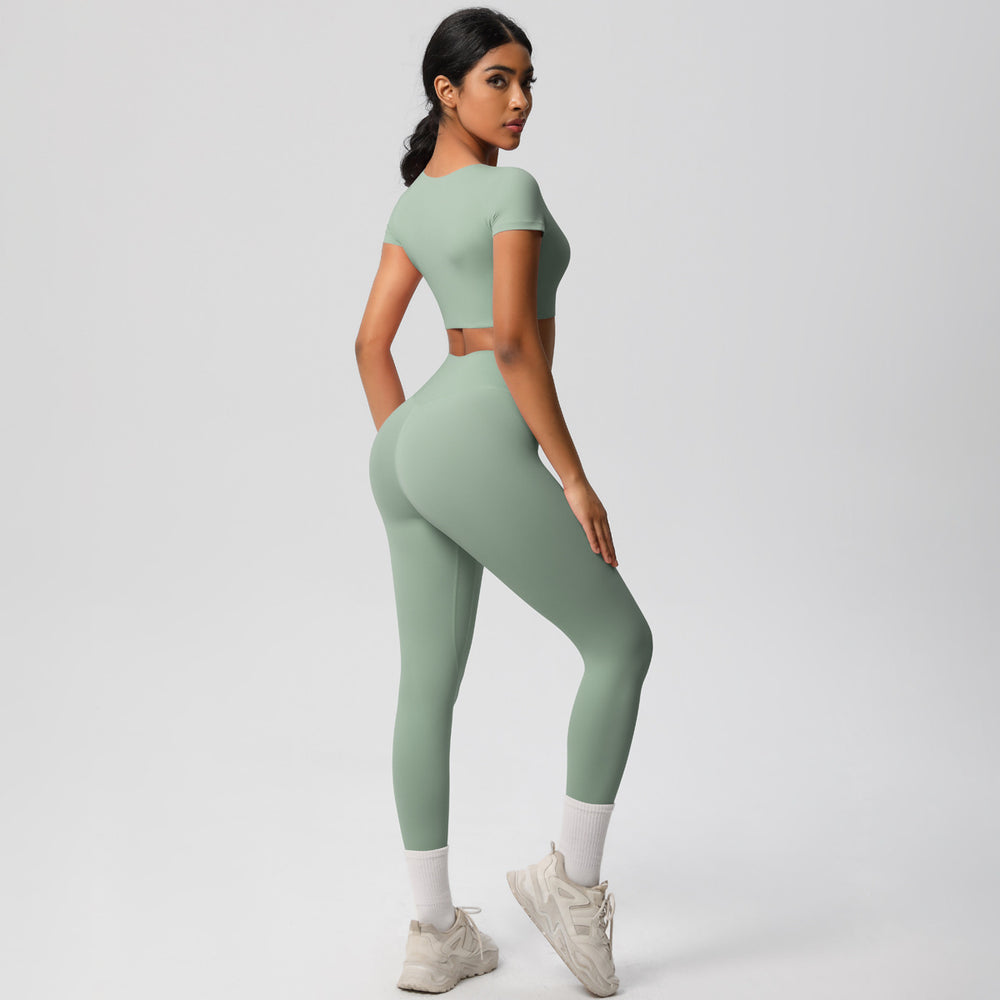 European and american nude feel compression quick-dry short sleeve yoga set outdoor casual training fitness apparel running sports set for women