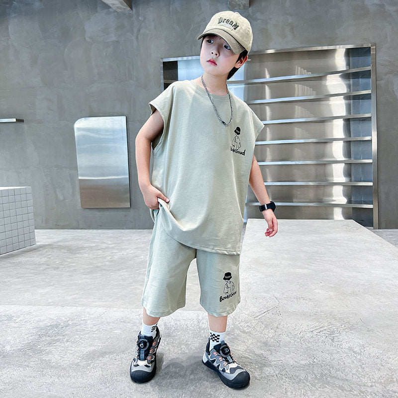 Boys' summer outfit set  new kids' summer tracksuit big kids' tank top stylish boy's lightweight two-piece set