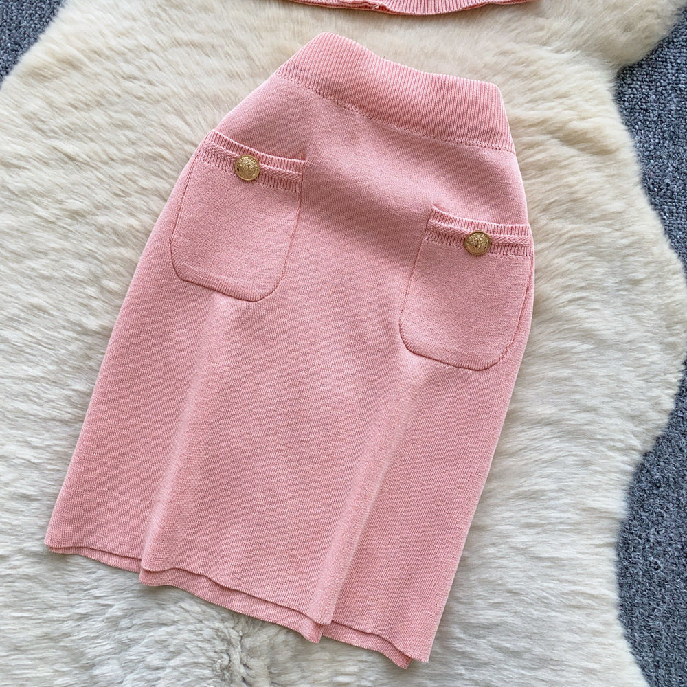 Pure desire style silmsweet season metal buckle sleeveless tops hip cover skirt knittingtwo-piece set women's summersuit