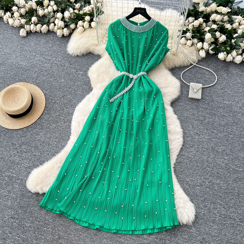 Frenchclassyelegant heavy industry beading round neck short sleeve pleated dress women's summer waist slimming lookelegant long skirt