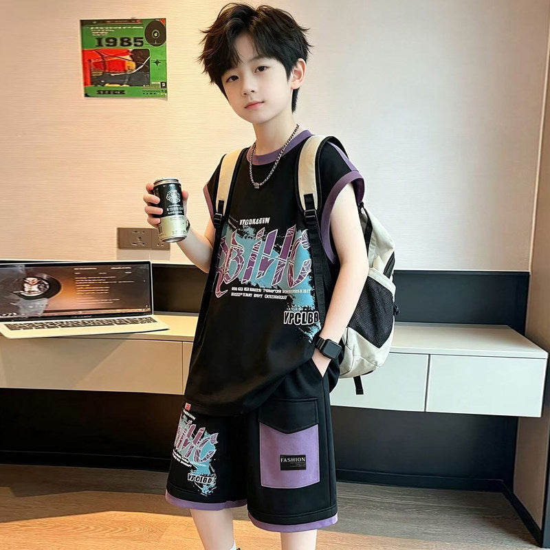 Boys' summer new sleeveless tank top and shorts set - trendy & cool sportswear two-piece outfit for mid-to-large children - stylish casual summer apparel