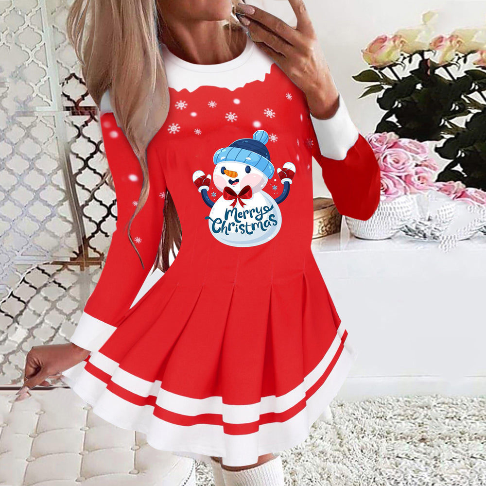 2025 european and american cross-border women's autumn/winter new collection: round neck long sleeve pleated casual party dress