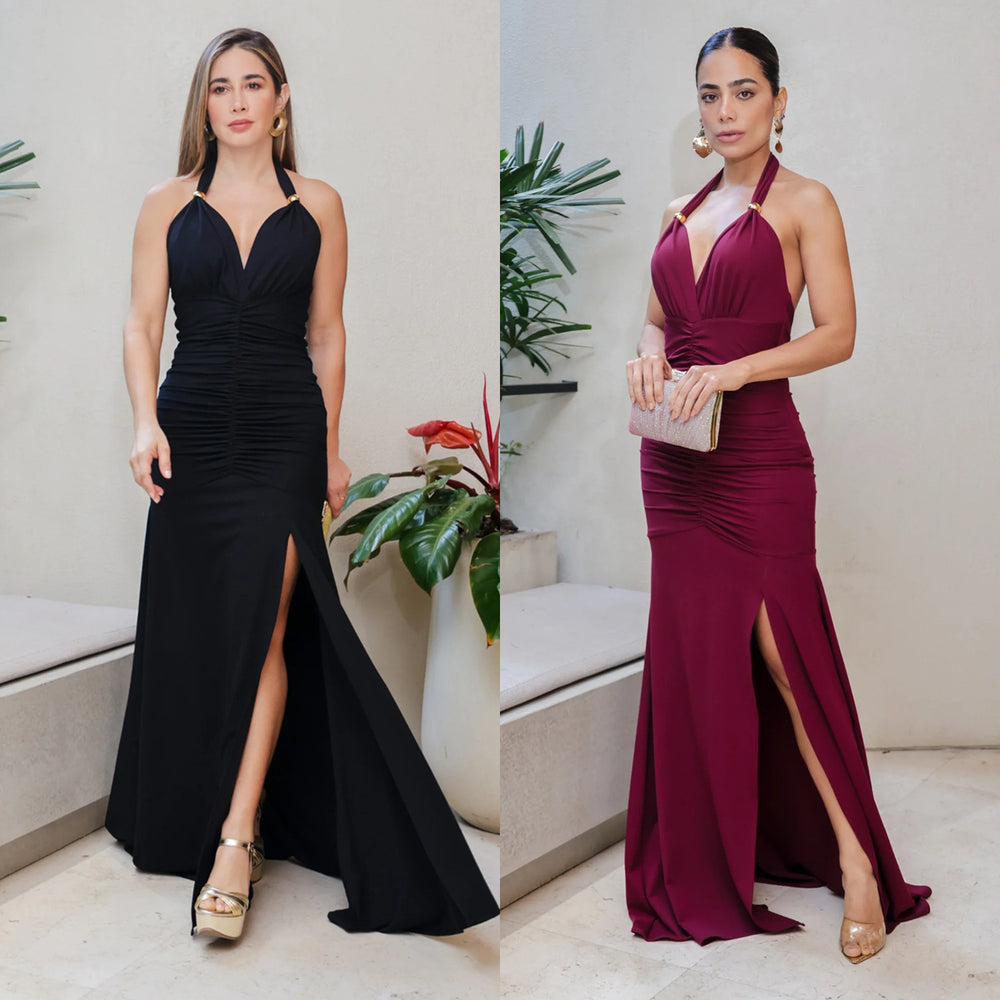 C7552 cross-border   fashion women's elegant solid color sexy v-neck slit dress
