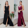 C7552 cross-border   fashion women's elegant solid color sexy v-neck slit dress