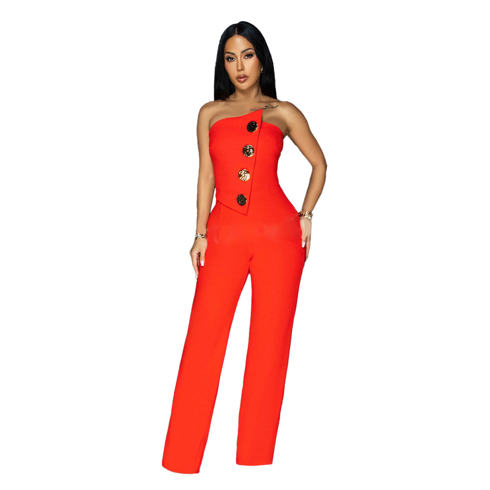 C7105 cross-border   independent station fashion women's sleeveless button jumpsuit pants new