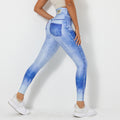 Clearance: european and american style digital print denim blue high-waisted, high-stretch, quick-dry yoga pants - women's activewear for running and fitness