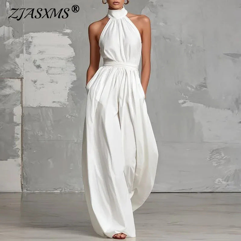 summer new women's clothing: cross-border  fashion - elegant solid color halter neck open back wide leg jumpsuit