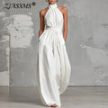 summer new women's clothing: cross-border  fashion - elegant solid color halter neck open back wide leg jumpsuit