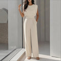 summer new women's clothing - cross-border european & american style - fashionable casual commute solid color crew neck pleated jumpsuit