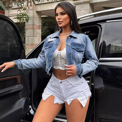 306-65323#  cross-border e-commerce women's fashion: european and american ins style loose fit cropped denim jacket for autumn and winter