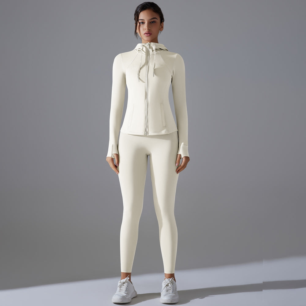 New outdoor running two-piece set: solid color quick-dry yoga outfit with hooded zip-up jacket and long-sleeve fitness set