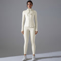 New outdoor running two-piece set: solid color quick-dry yoga outfit with hooded zip-up jacket and long-sleeve fitness set