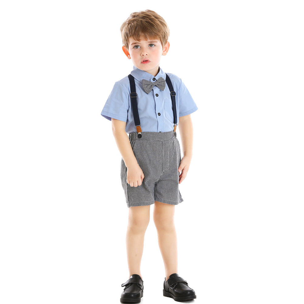 Summer kids' new european and american gentleman short-sleeve shirt set, children's suspender shorts two-piece outfit, first birthday dress