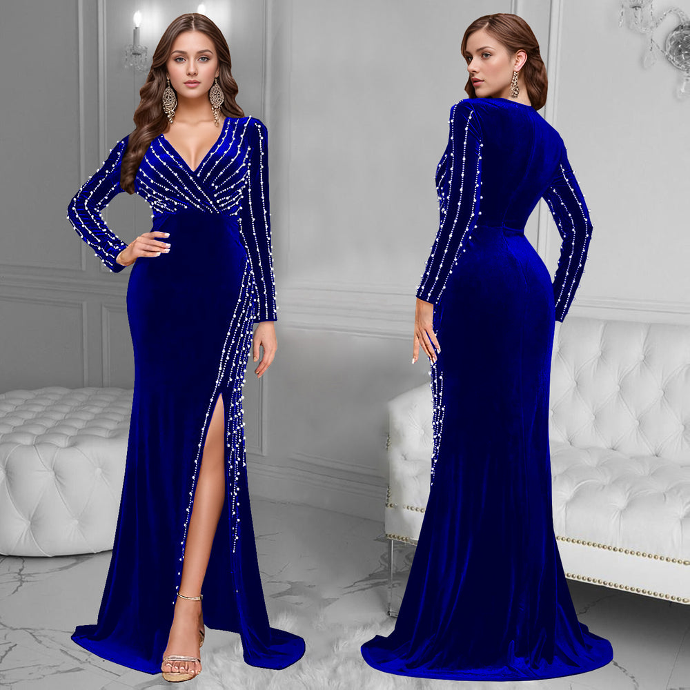 C7269 cross-border   european and american women's clothing sexy deep v beaded hot diamond slit long skirt dress women