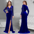 C7269 cross-border   european and american women's clothing sexy deep v beaded hot diamond slit long skirt dress women