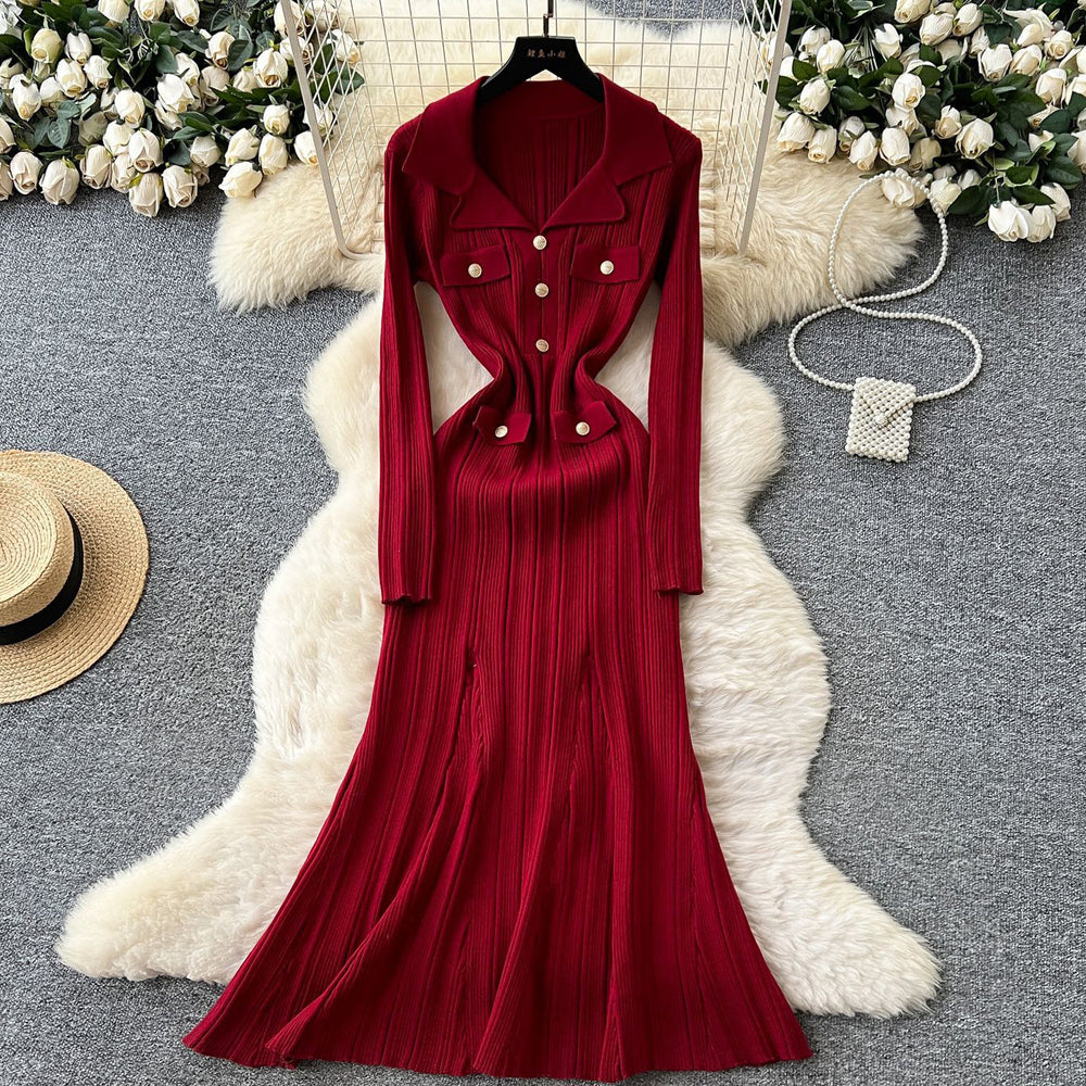 export tweed styleelegance lapel long sleeves metal button waist knittingdressautumslimming look midi skirt