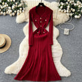 export tweed styleelegance lapel long sleeves metal button waist knittingdressautumslimming look midi skirt