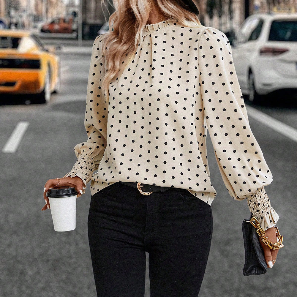 European and american cross-border women's apparel:  spring/autumn new collection - printed pullover cropped top with polka dot long sleeves