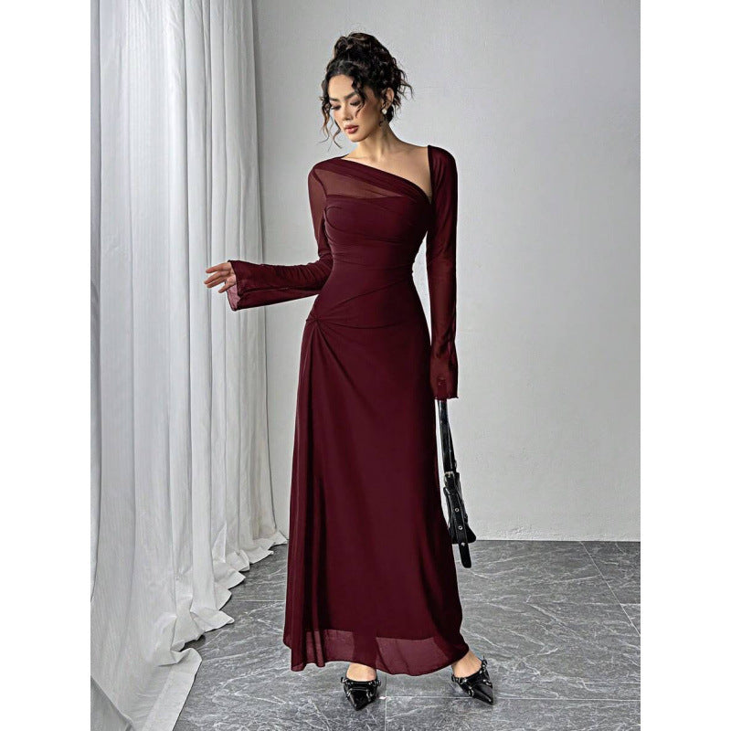 fashionautum mesh patchworklong sleeveselegance asymmetrical pleated silma-linedress women
