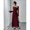 fashionautum mesh patchworklong sleeveselegance asymmetrical pleated silma-linedress women