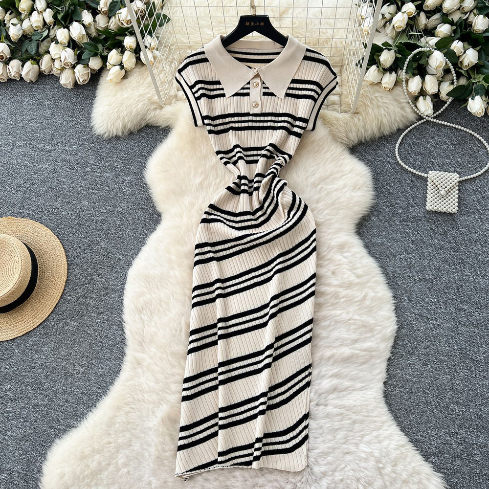 Korean chic summer new arrival: high-end retro polo collar sleeveless fitted bodycon knit dress with diagonal stripes