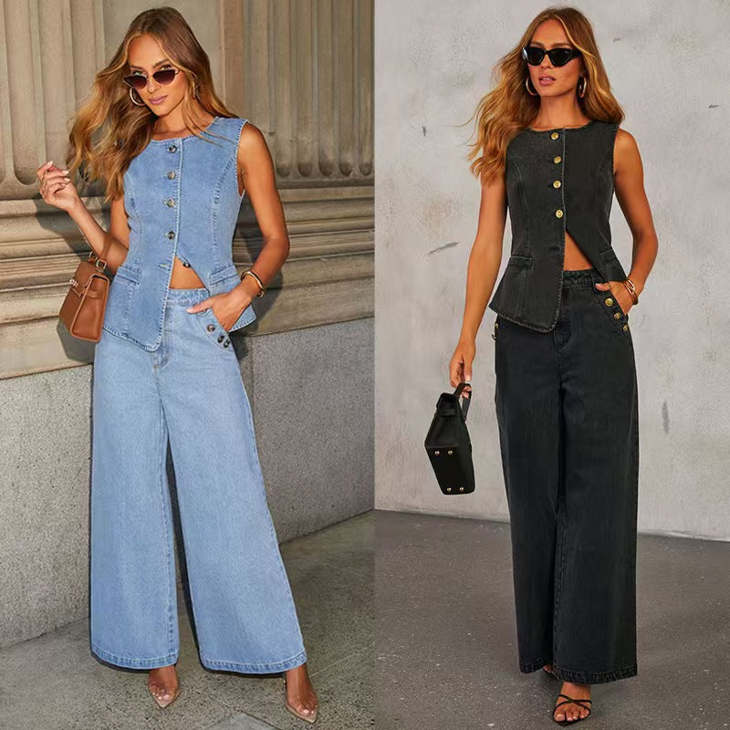 fashionelegant button sleeveless vest wide leg jeans denim suit for women
