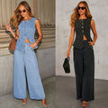 fashionelegant button sleeveless vest wide leg jeans denim suit for women