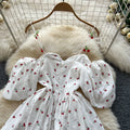 spring/summer sweet one-shoulder cami dress with bubble short sleeves, cherry print, cinched waist, and ruffle hem