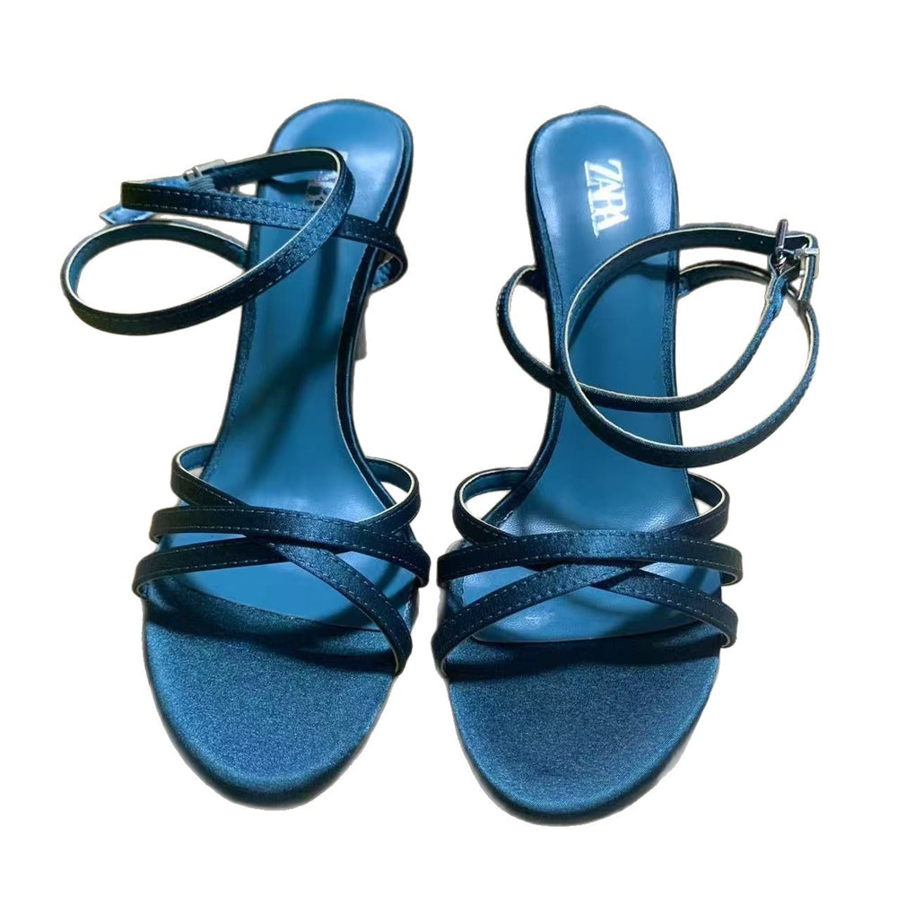 Za's 2025 new french-style women's high heels: pointed-toe, stiletto, criss-cross buckle, fashionable open-back sandals in peacock green