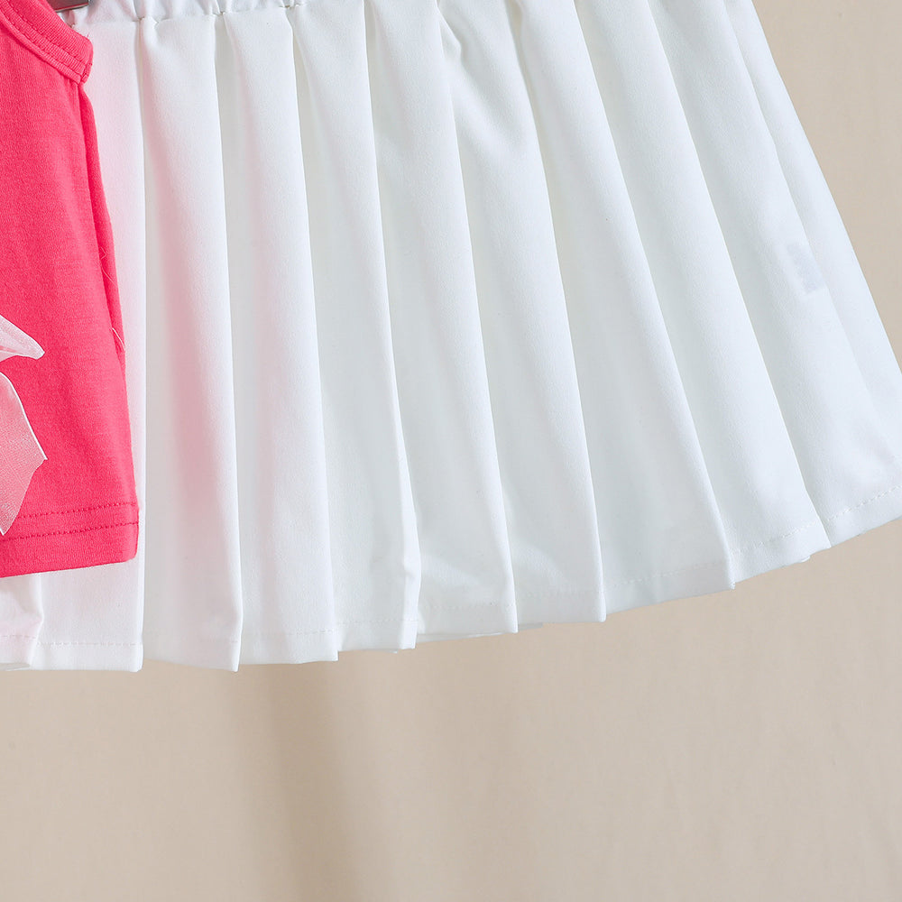 cross-border hot seller: girls' color block polo tank top and pleated skirt set with 3d bow two-piece outfit