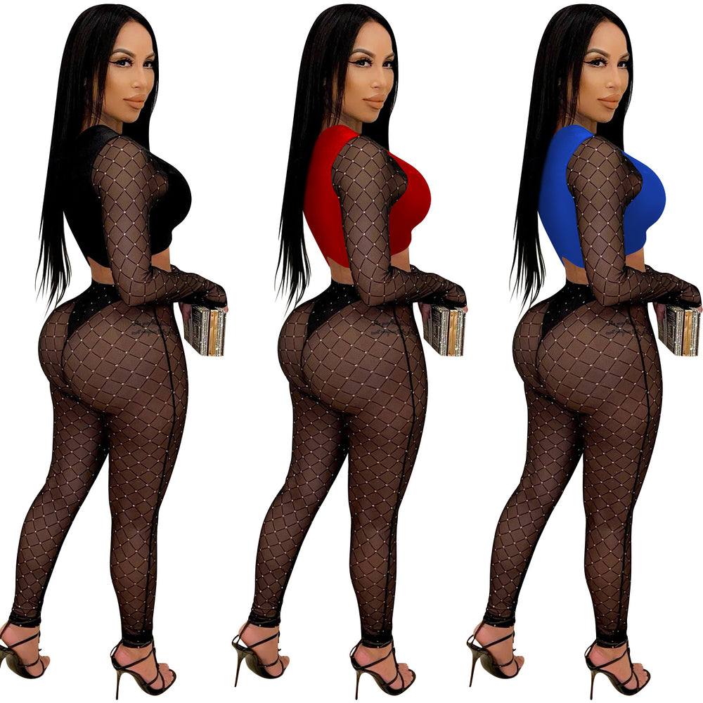 X5561 european and american fashion new women's sexy color block long sleeve cropped top and mesh rhinestone pants two-piece set