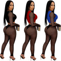 X5561 european and american fashion new women's sexy color block long sleeve cropped top and mesh rhinestone pants two-piece set
