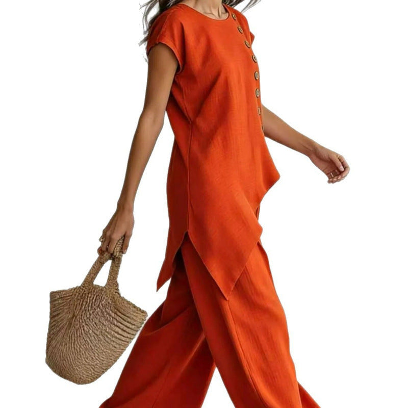 Amazon european fashion casual chic solid color crew neck irregular top & summer casual pants two-piece set