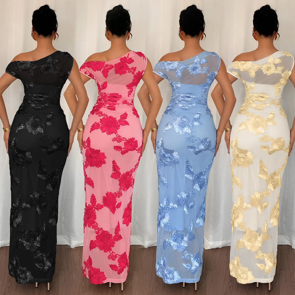 C7670 cross-border   fashion women's elegant mesh one-shoulder bodycon dress