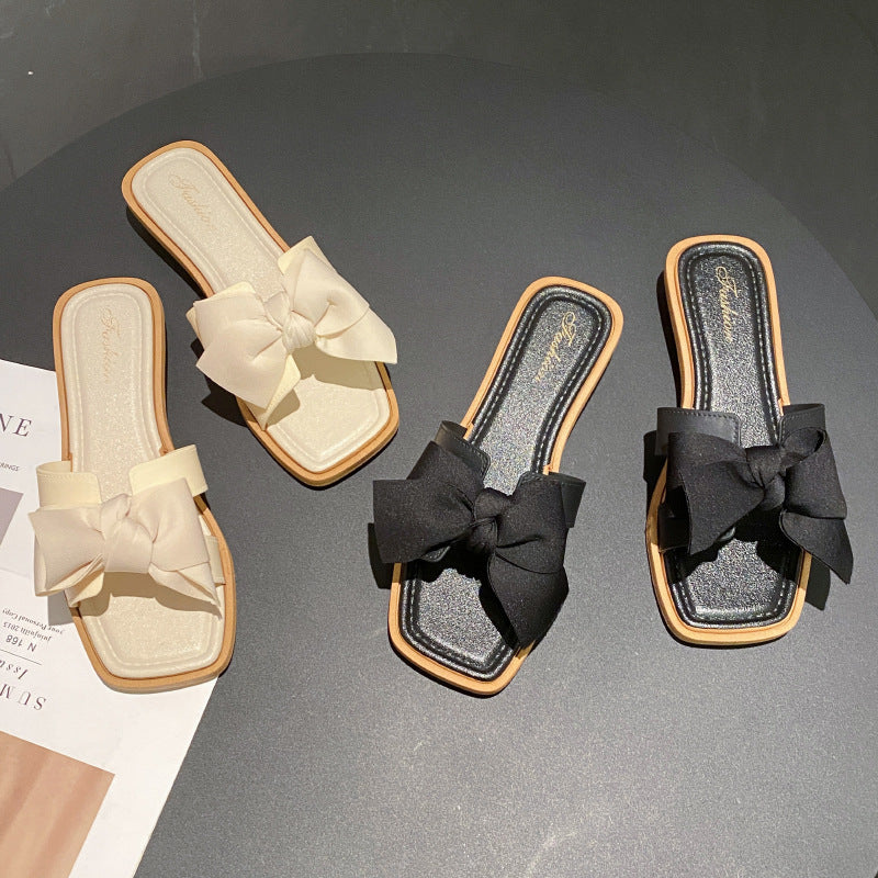 Influencer-approved, new square-toe, fairy-style bow sandals for women. perfect for summer wear, these wedge-heeled, fashionable, versatile, flat, and non-slip slides are a must-have