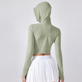 New women's outdoor sports & fitness apparel: slim-fit, short yoga jacket with hood and drawstring – daw184