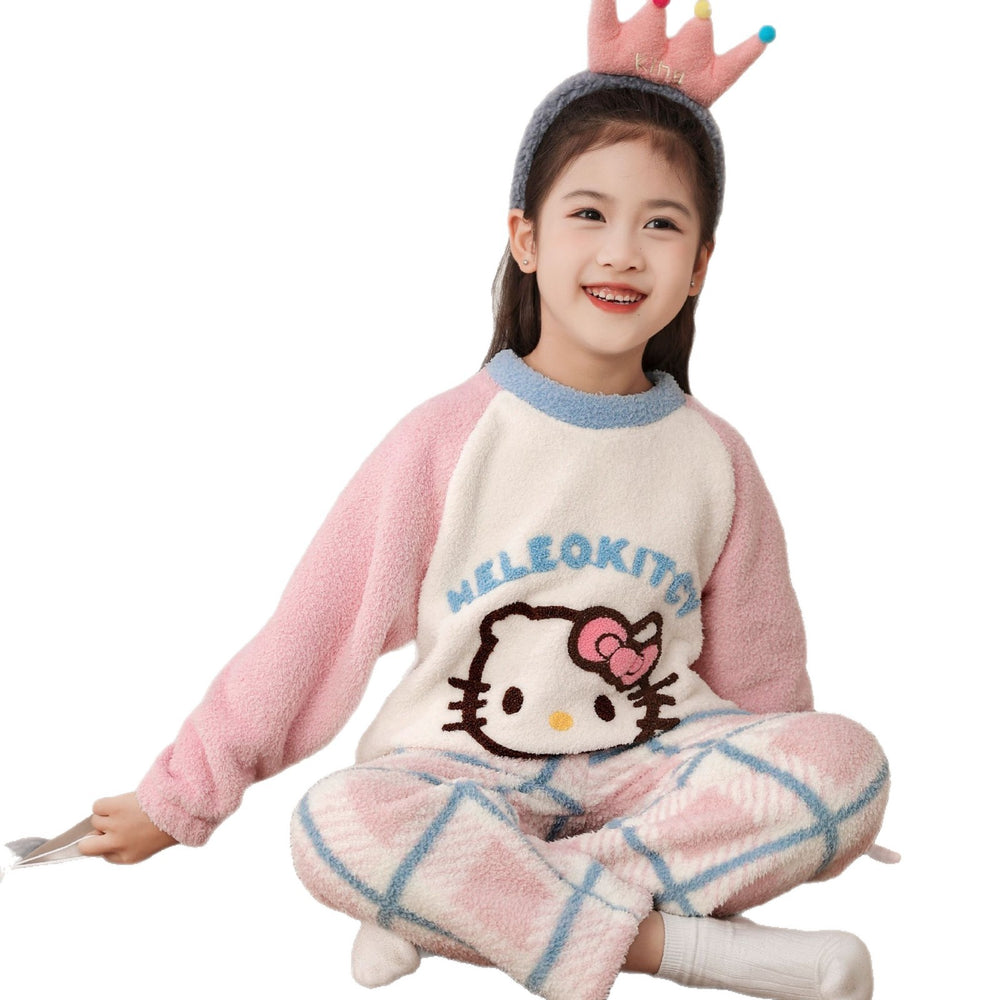 Children's cartoon hello kitty pajamas girls' half velvet coral velvet fleece-linedheattechwinter home clothes cotton