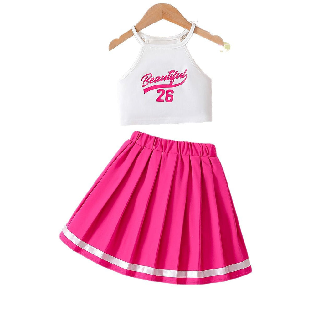 girls' cheerleading outfit set - pink pleated skirt with letter print tank top - performance costume, two-piece activewear for kids