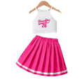 girls' cheerleading outfit set - pink pleated skirt with letter print tank top - performance costume, two-piece activewear for kids