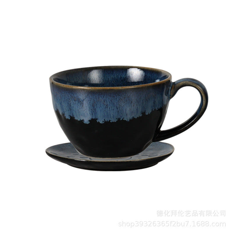 Japanese retro kiln-change ceramic coffee cup and saucer set - large capacity, premium feel mug for milk and beverages