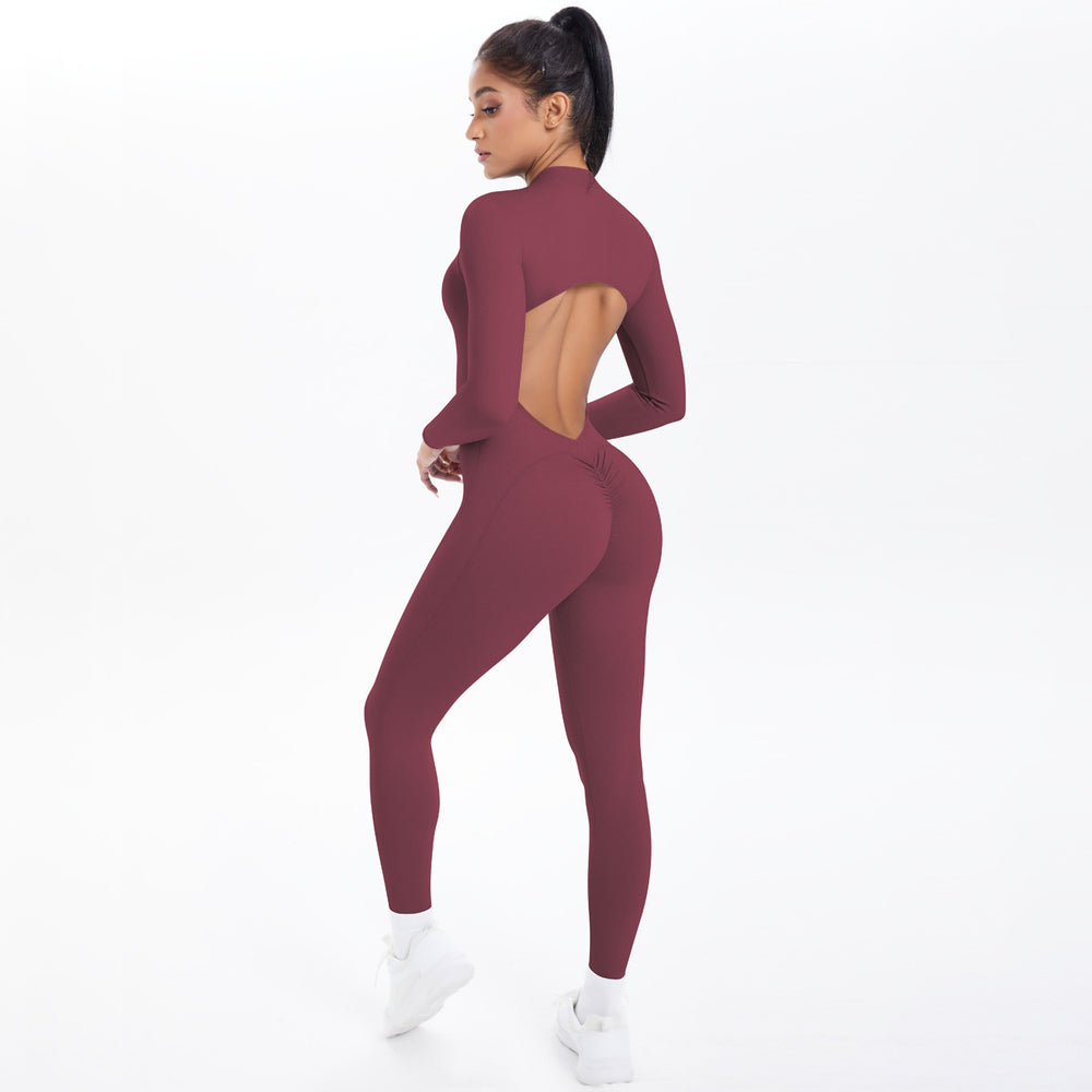 Half-zip, back-smoothing, butt-lifting yoga bodysuit. long, one-piece design for outdoor leisure, running, and fitness activities. women's activewear