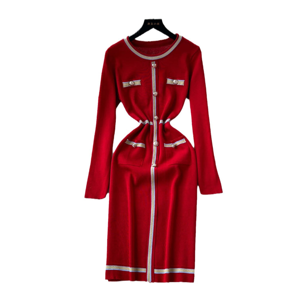Fall and winterfrenchclassy small fragrant round neckcontrast color metal buckle waist slimming lookelegant inner sweaterdress
