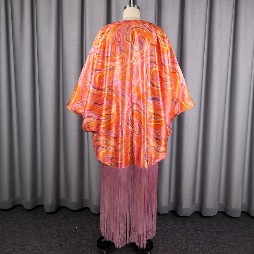 African ethnic print batwing sleeve v-neck dress - designer drawstring waist tassel robe bubu dress