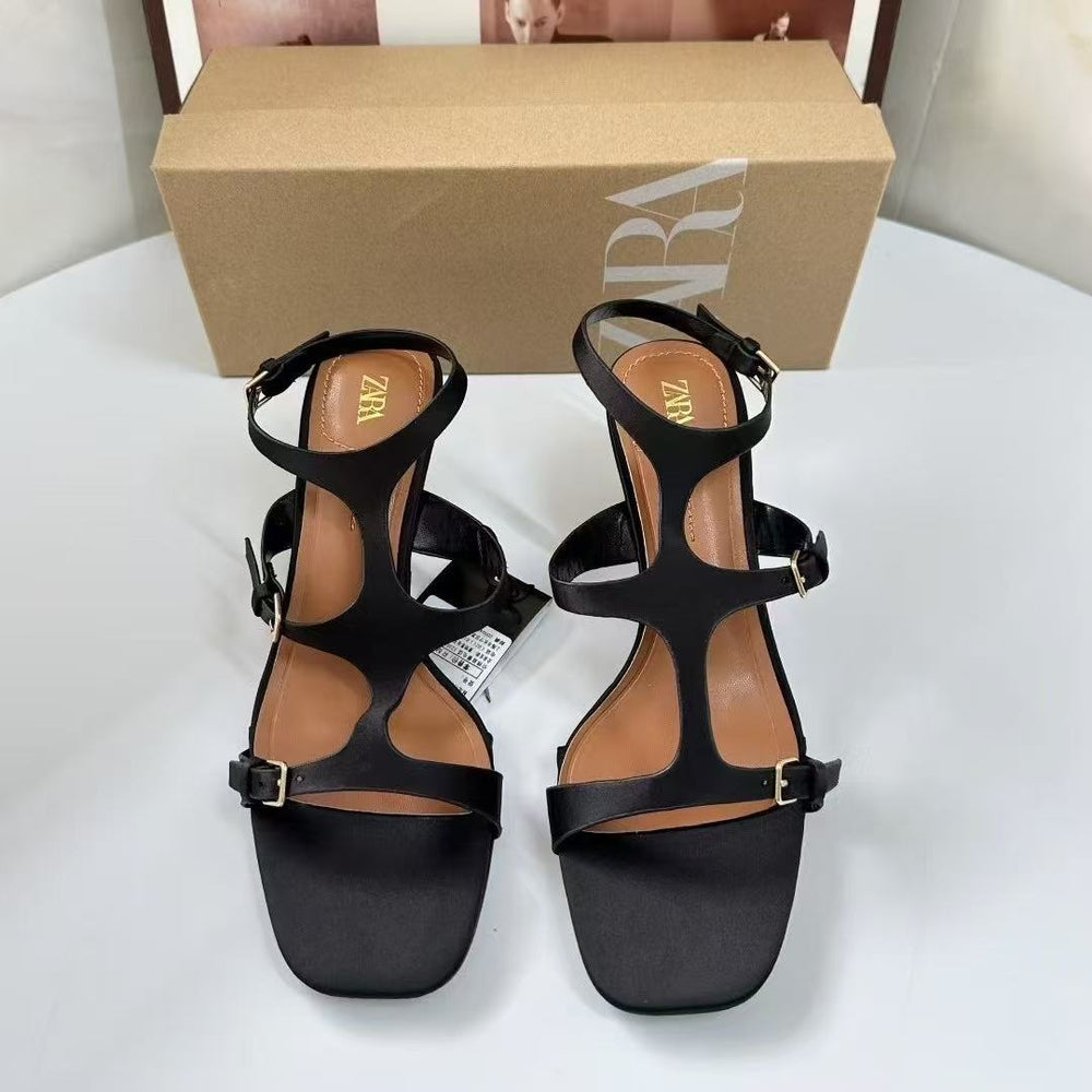Za2025 new spanish black women's fashionable low-cut open-toe back-tie stiletto thong heel sandals